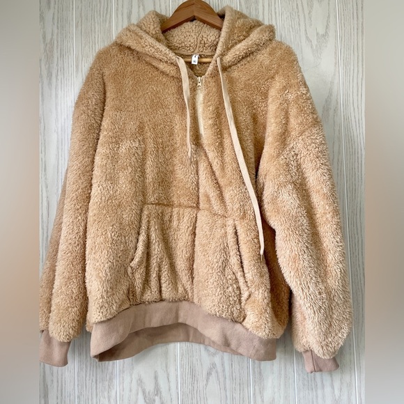 Meyook Tan Fleece Hoodie Fuzzy Long Sleeve Partial Zip Up Sherpa Pullover Sz XL - Picture 1 of 3
